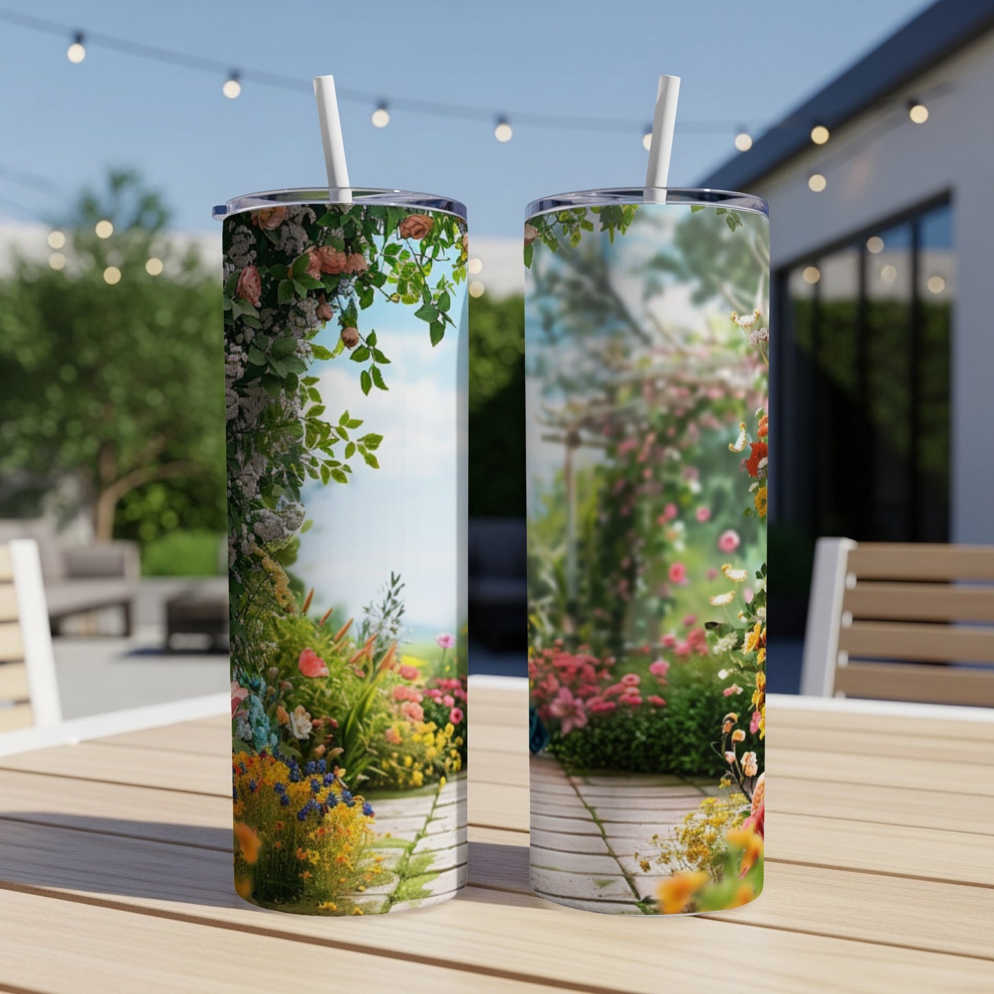 Two tumblers with a floral garden design and white straws.