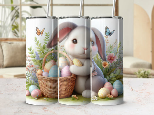 Easter bunny with basket of colorful eggs and butterflies, in a floral setting.