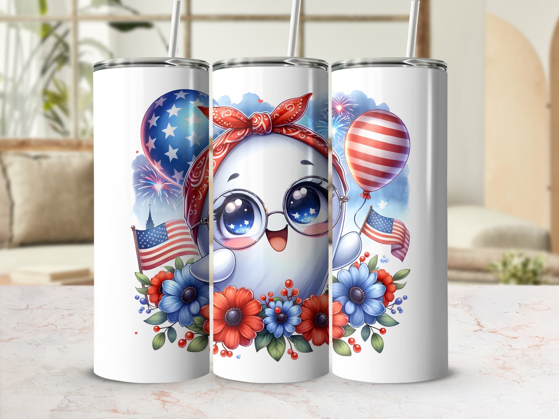 Cute cartoon ghost wearing a bandana, with American flags and balloons.