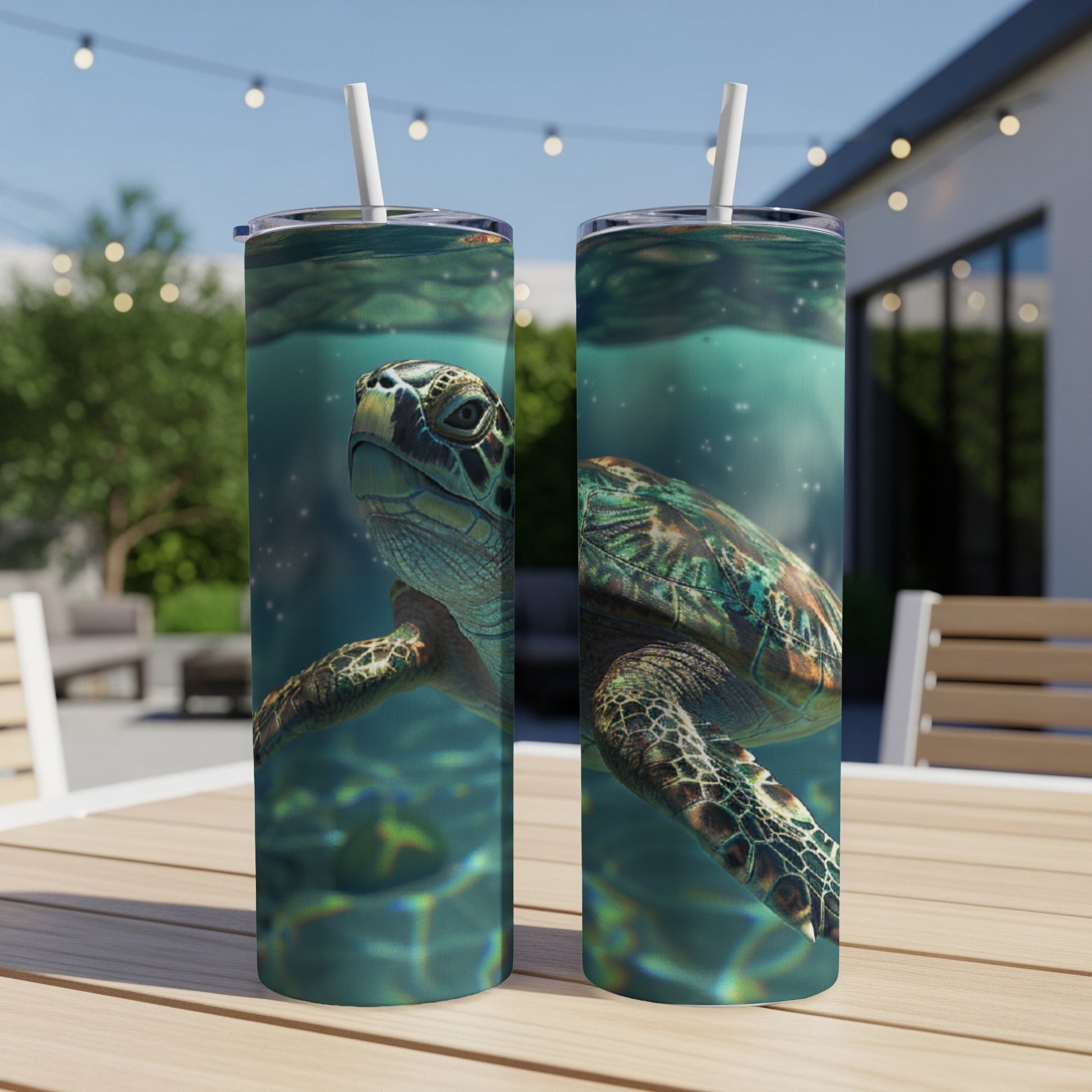 Two tumblers featuring a sea turtle swimming underwater.