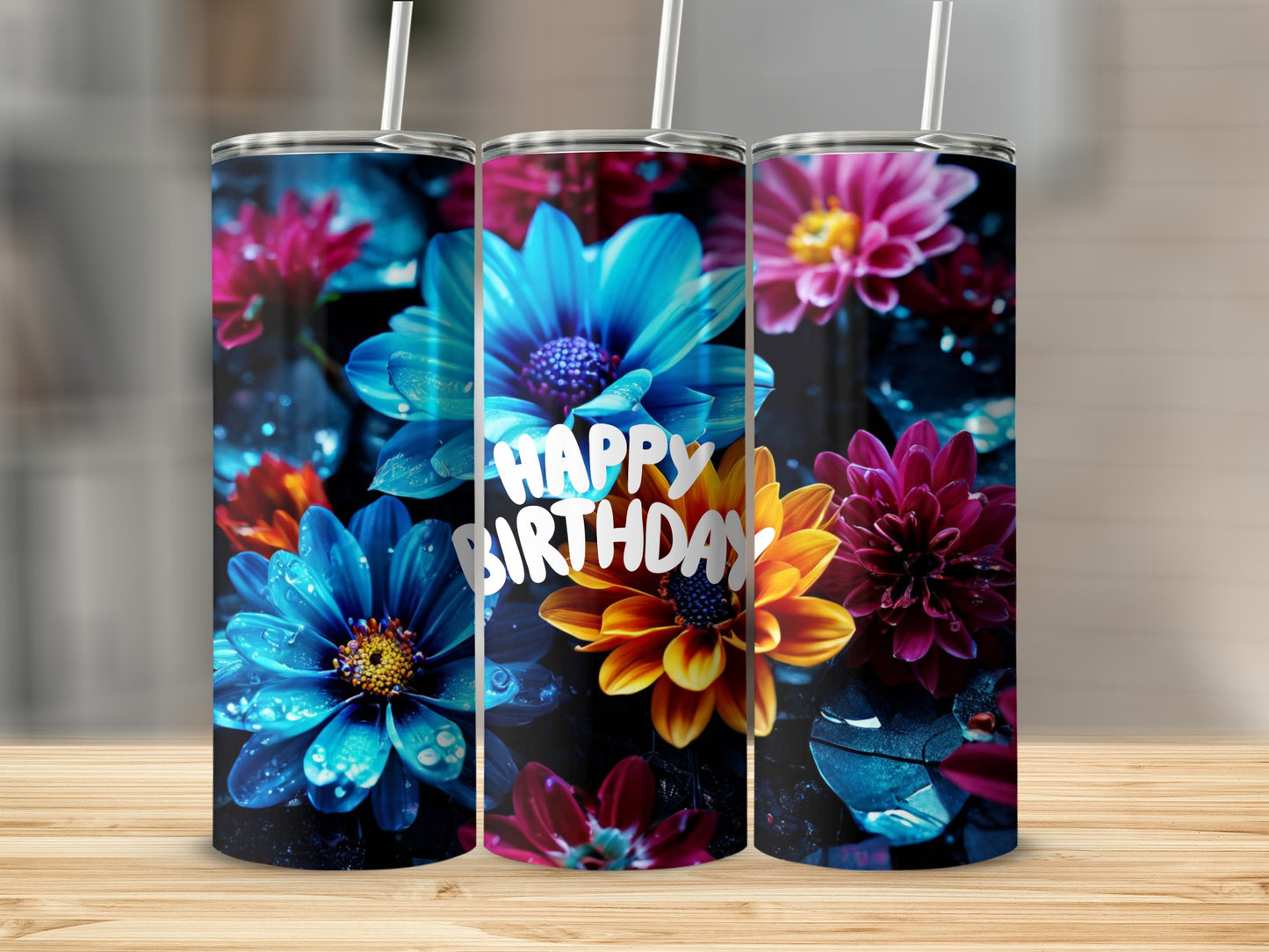 Three tumblers with colorful flowers and "Happy Birthday" text.