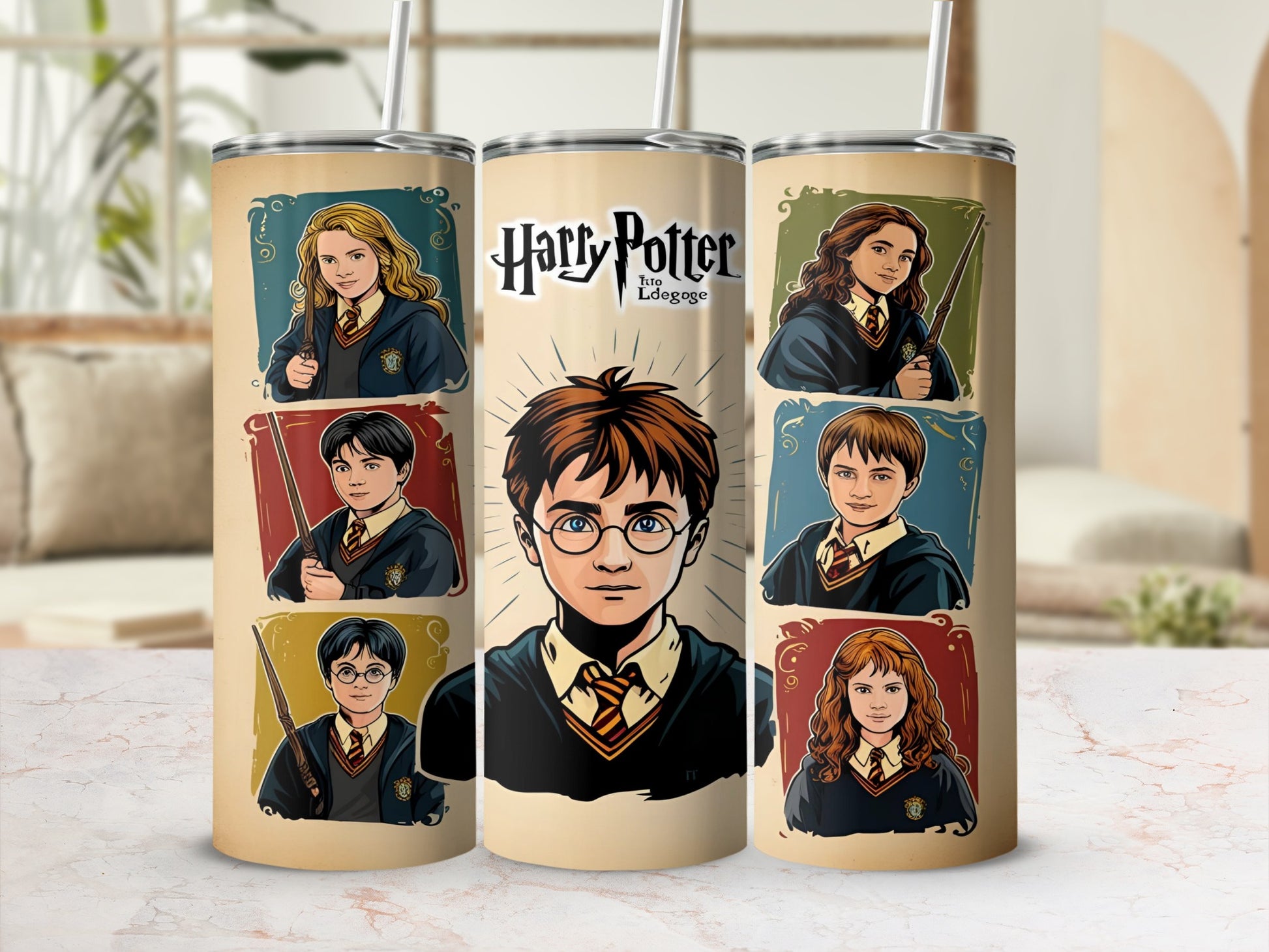 Harry Potter characters on a tumbler, featuring Harry, Hermione, Ron, and Draco.