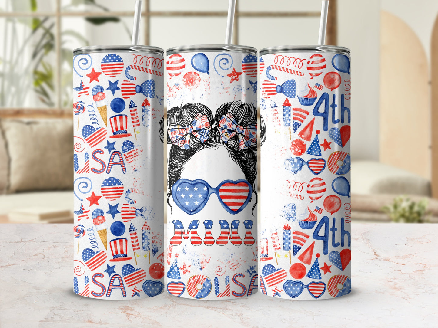 Patriotic tumblers with "MOM" and American flag heart sunglasses.