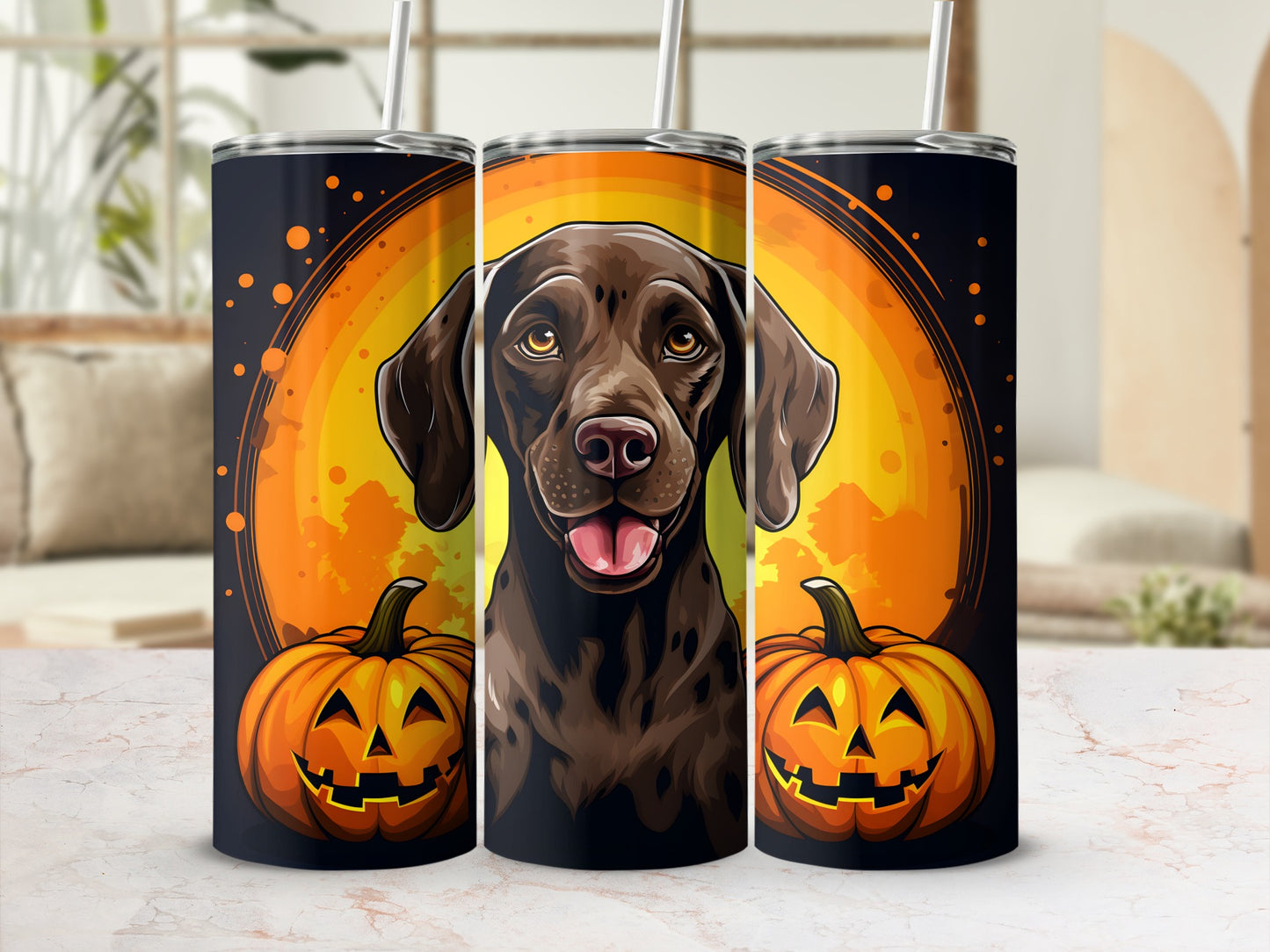 Triptych of tumblers featuring a German Shorthaired Pointer with pumpkins and a harvest moon.
