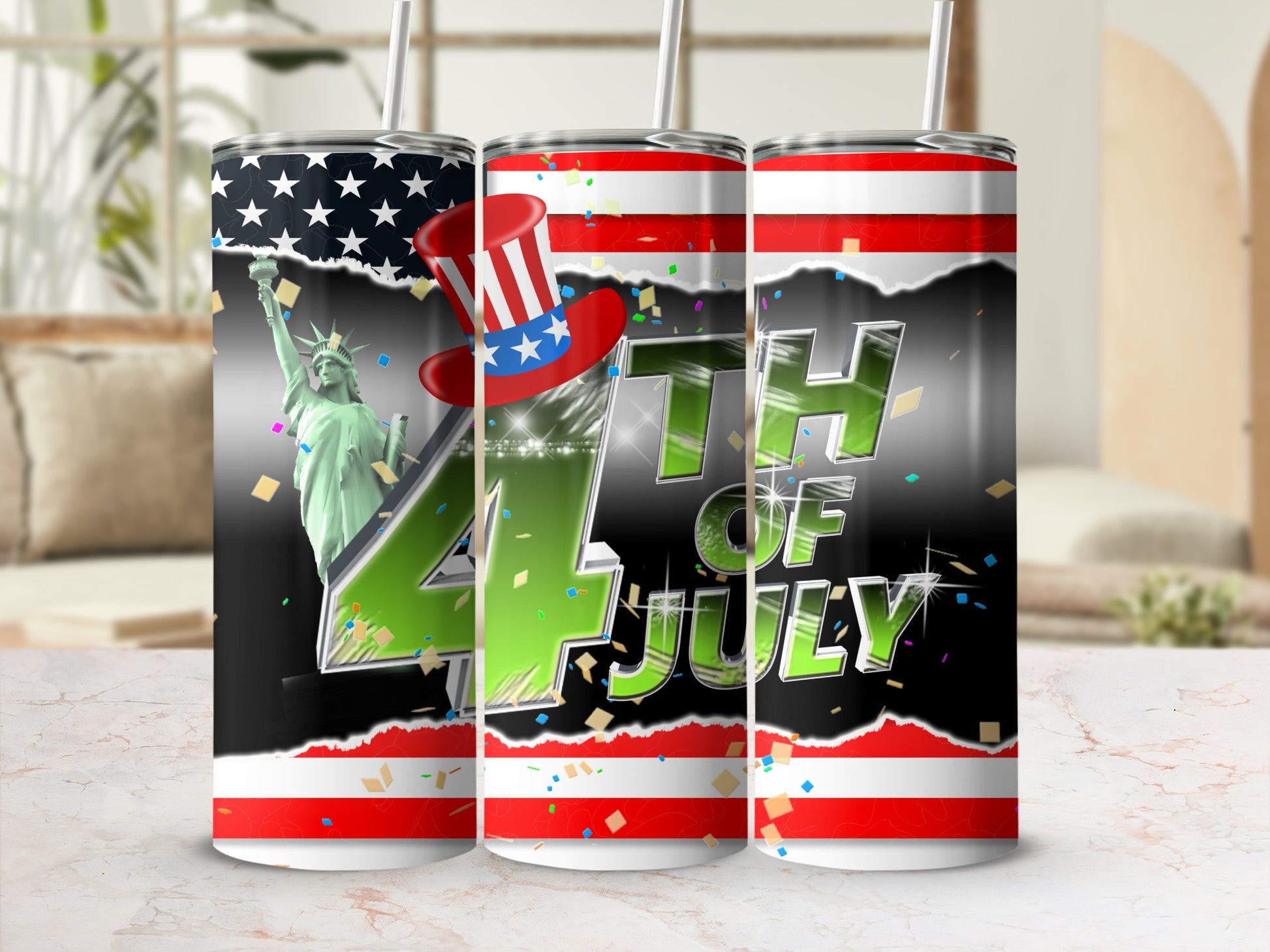 Patriotic 4th of July tumbler with Statue of Liberty and confetti.