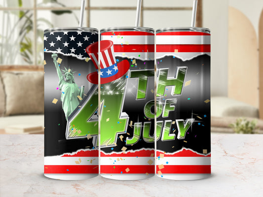 Patriotic 4th of July tumbler with Statue of Liberty and confetti.