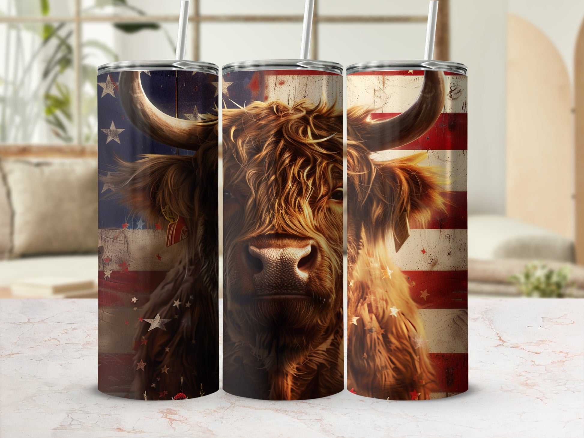 Tall tumbler with Highland cow and distressed American flag design.