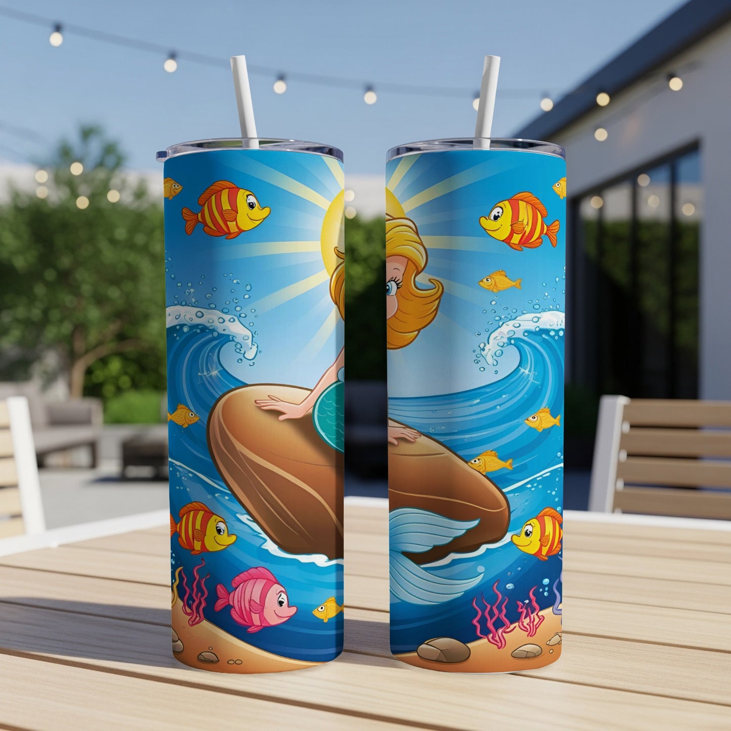 Two tumblers featuring a cartoon mermaid with goldfish and coral on a bright blue ocean background.