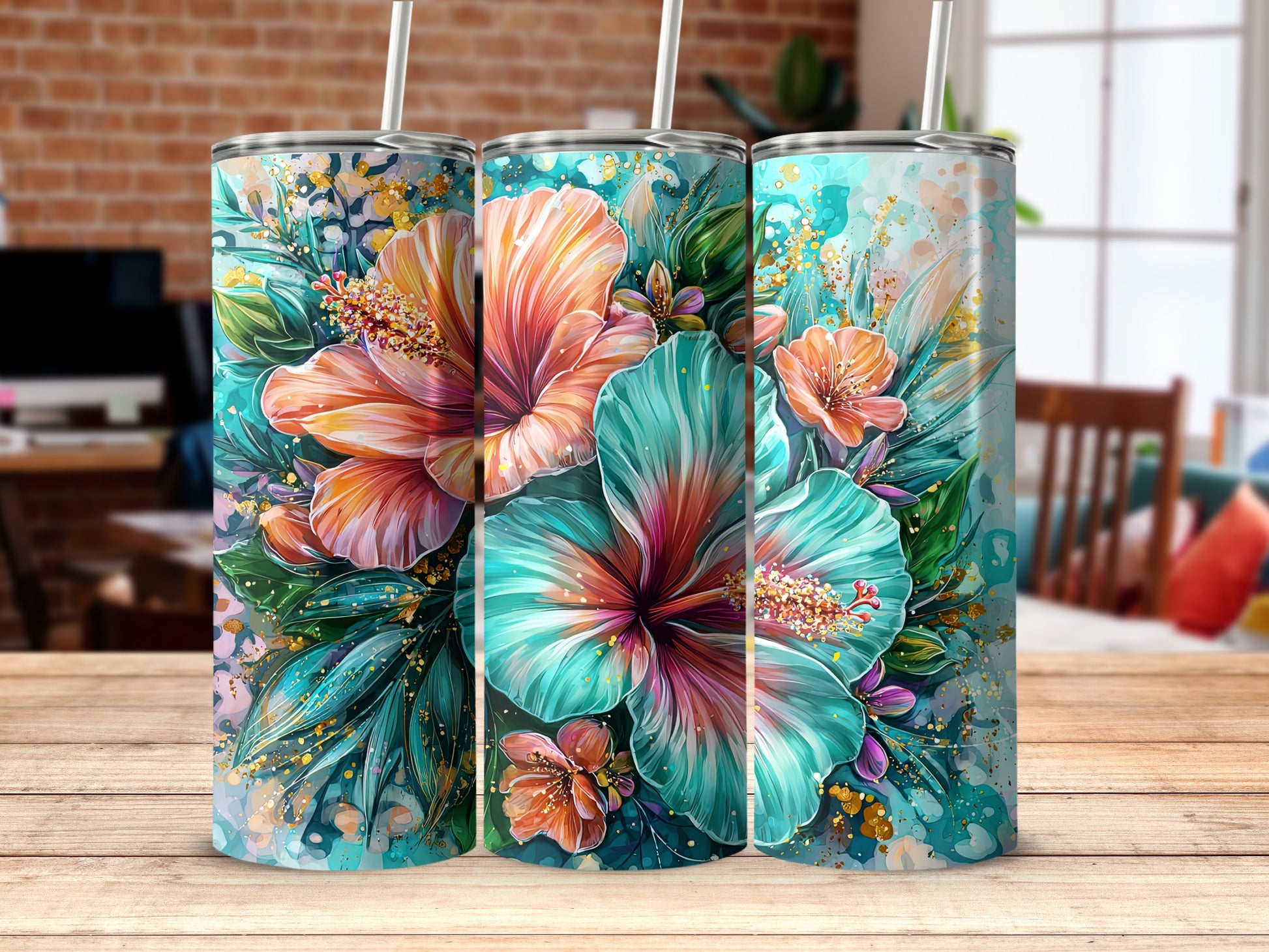 Vibrant Floral Design Insulated Tumbler with Straw