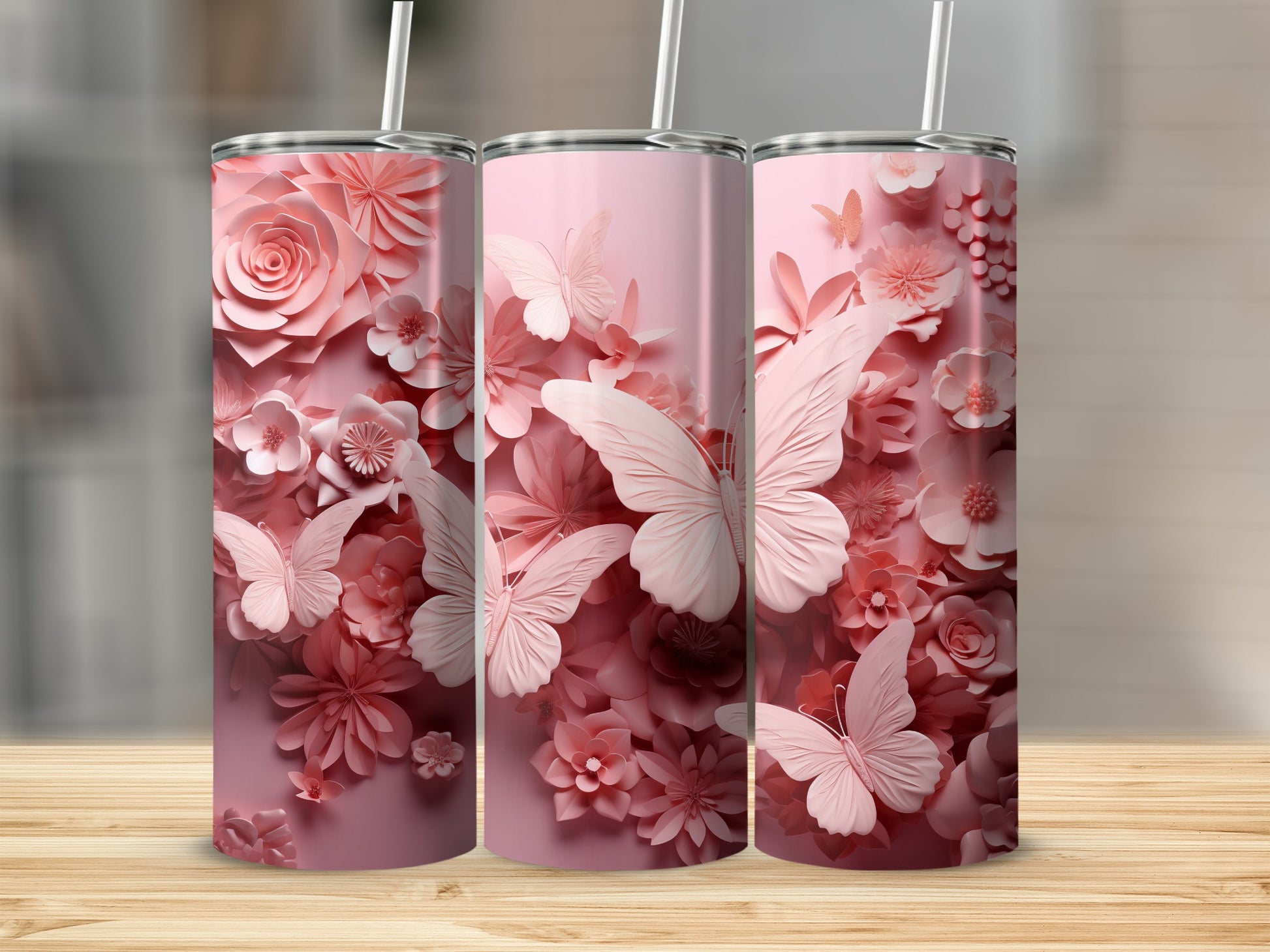 Pink 3D Paper Flowers Butterflies Tumbler Cup product type