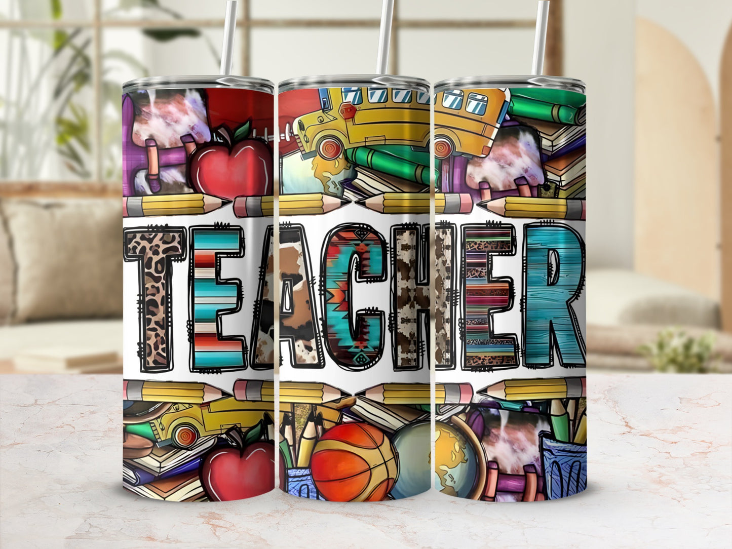 Teacher tumbler with colorful school supplies and apple pattern.