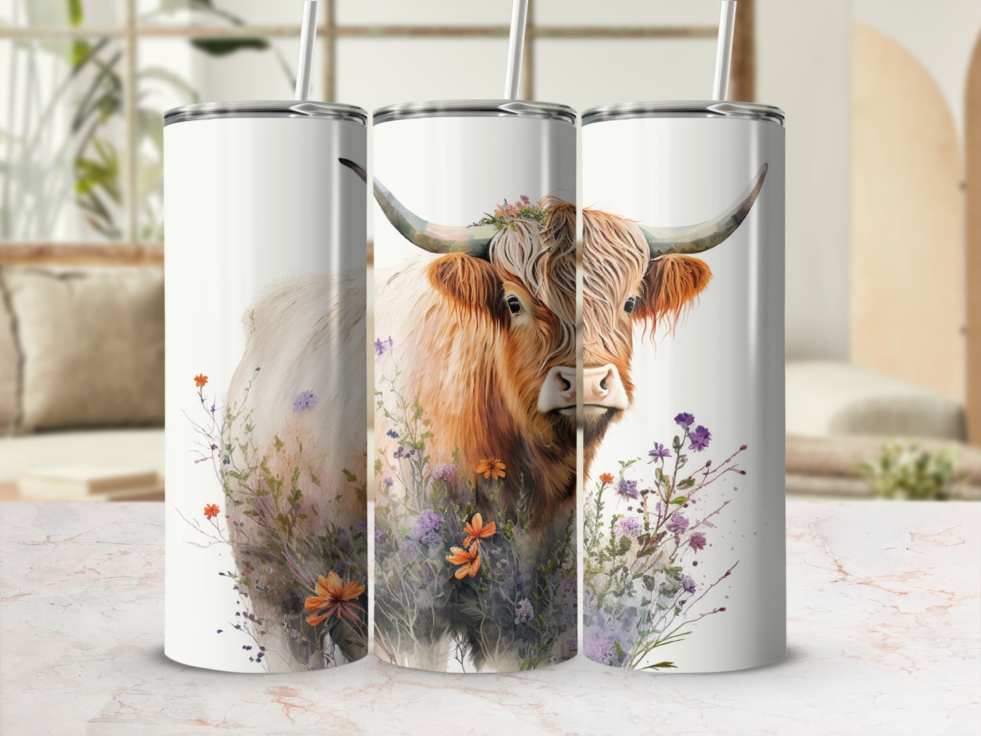 Highland cow with floral accents on a triple tumbler mockup.