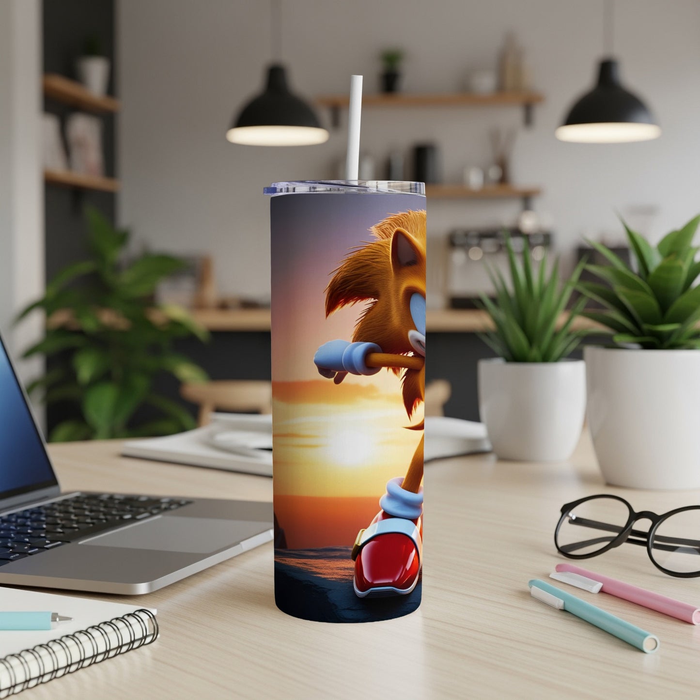 Sonic the Hedgehog on a sunset beach, printed on a stainless steel tumbler.