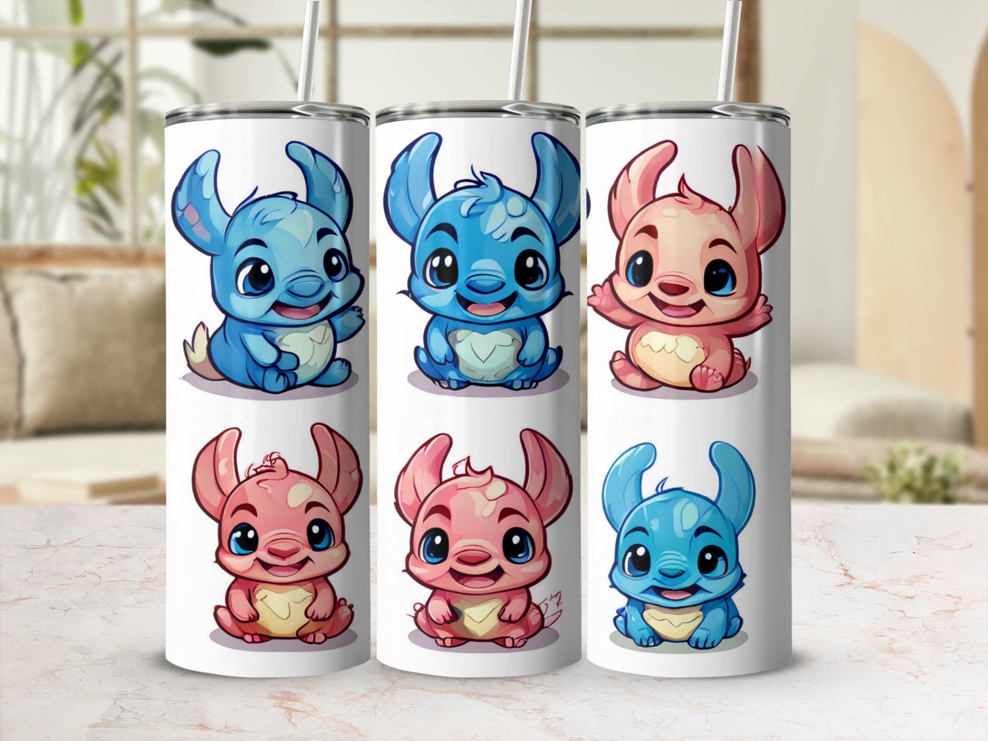 Six cartoon characters with large ears, three blue and three pink, on a white background.