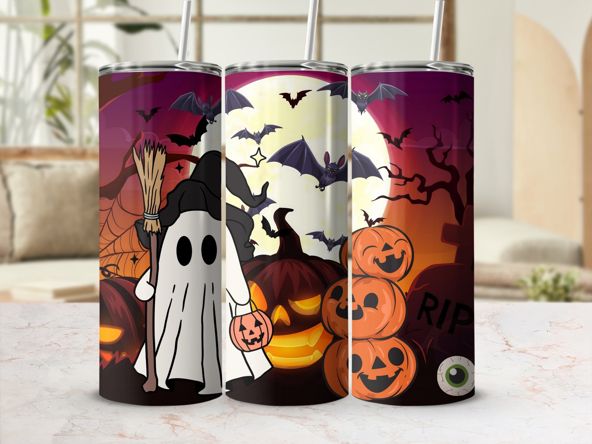 Spooky Halloween Themed Tumbler with Ghost and Pumpkins