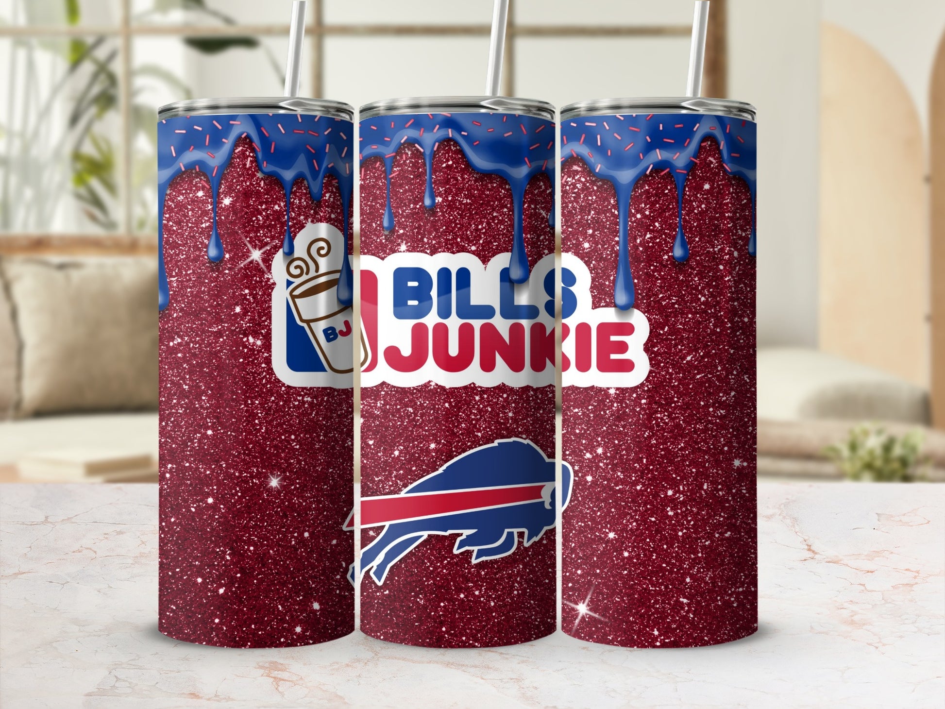 Bills Junkie Sparkle Tumbler with Blue Drips
