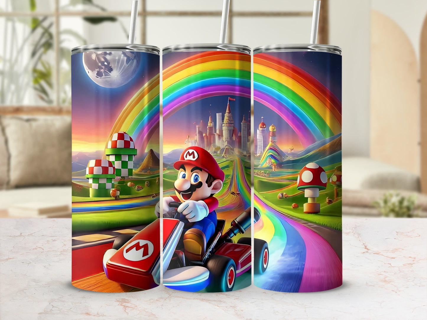 Colorful Rainbow Mario Driving Tumbler Cup Design