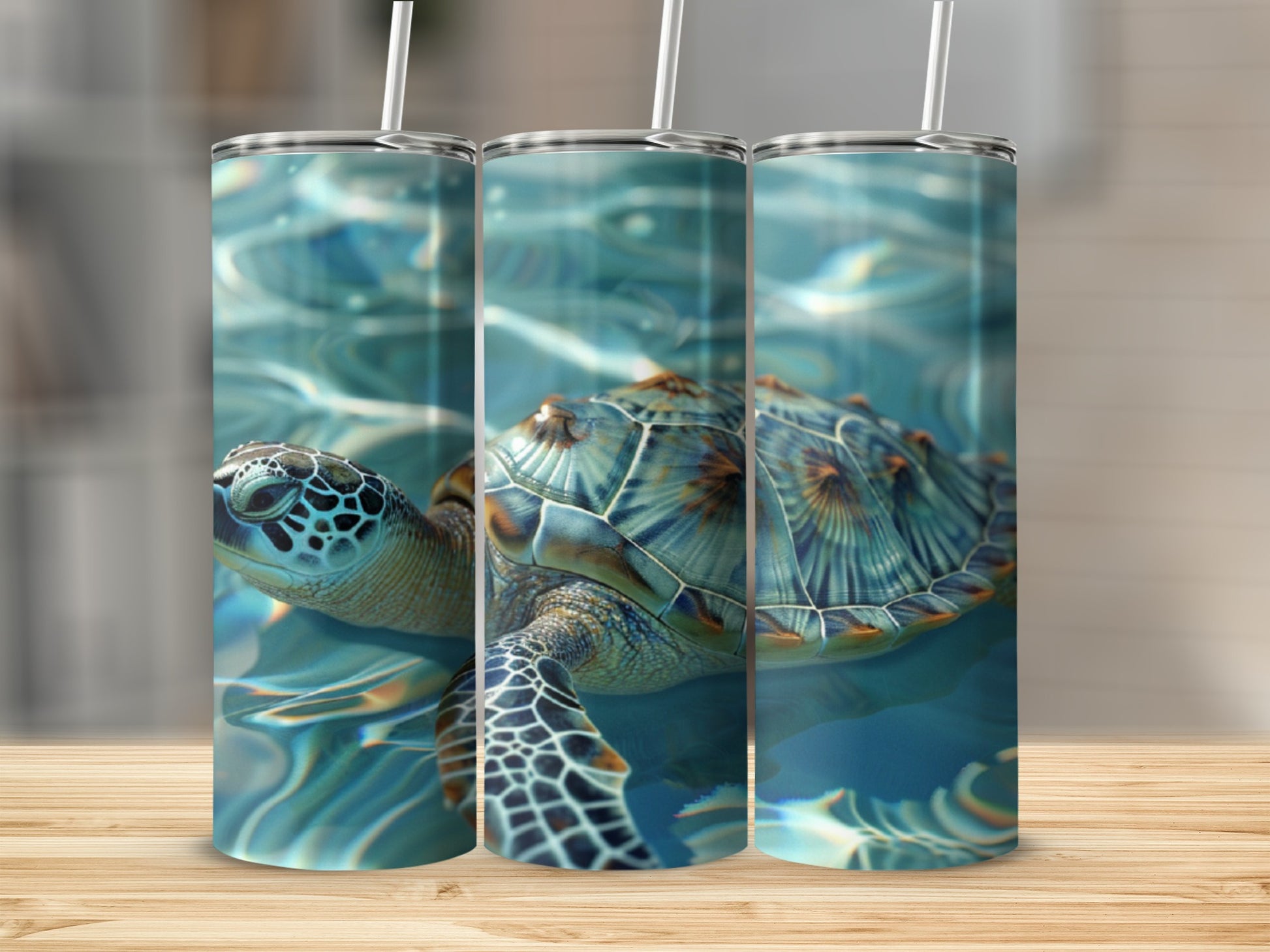 Sea turtle swimming underwater with ripples and sunlight.
