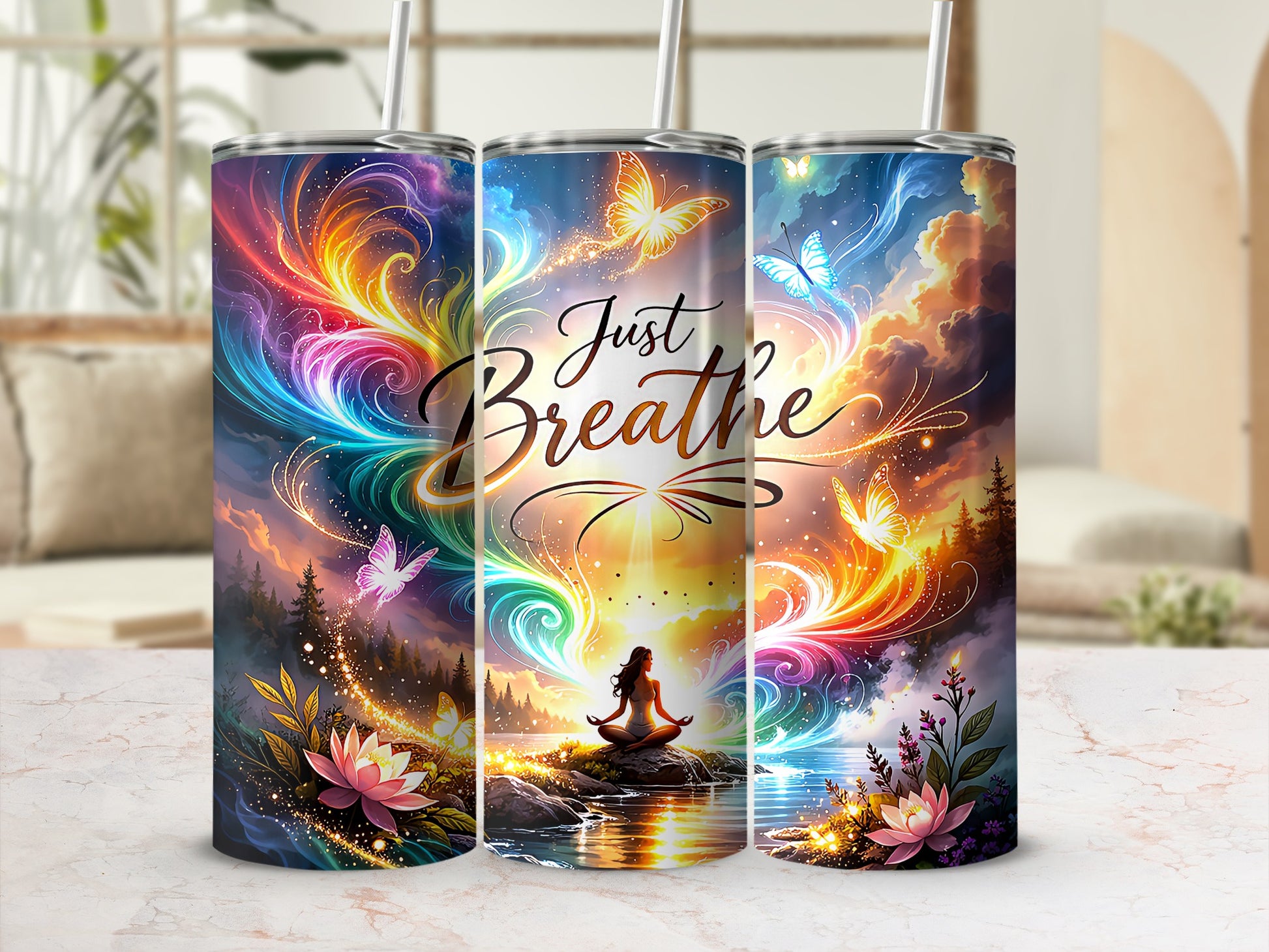 Colorful abstract background with woman meditating and "Just Breathe" text.