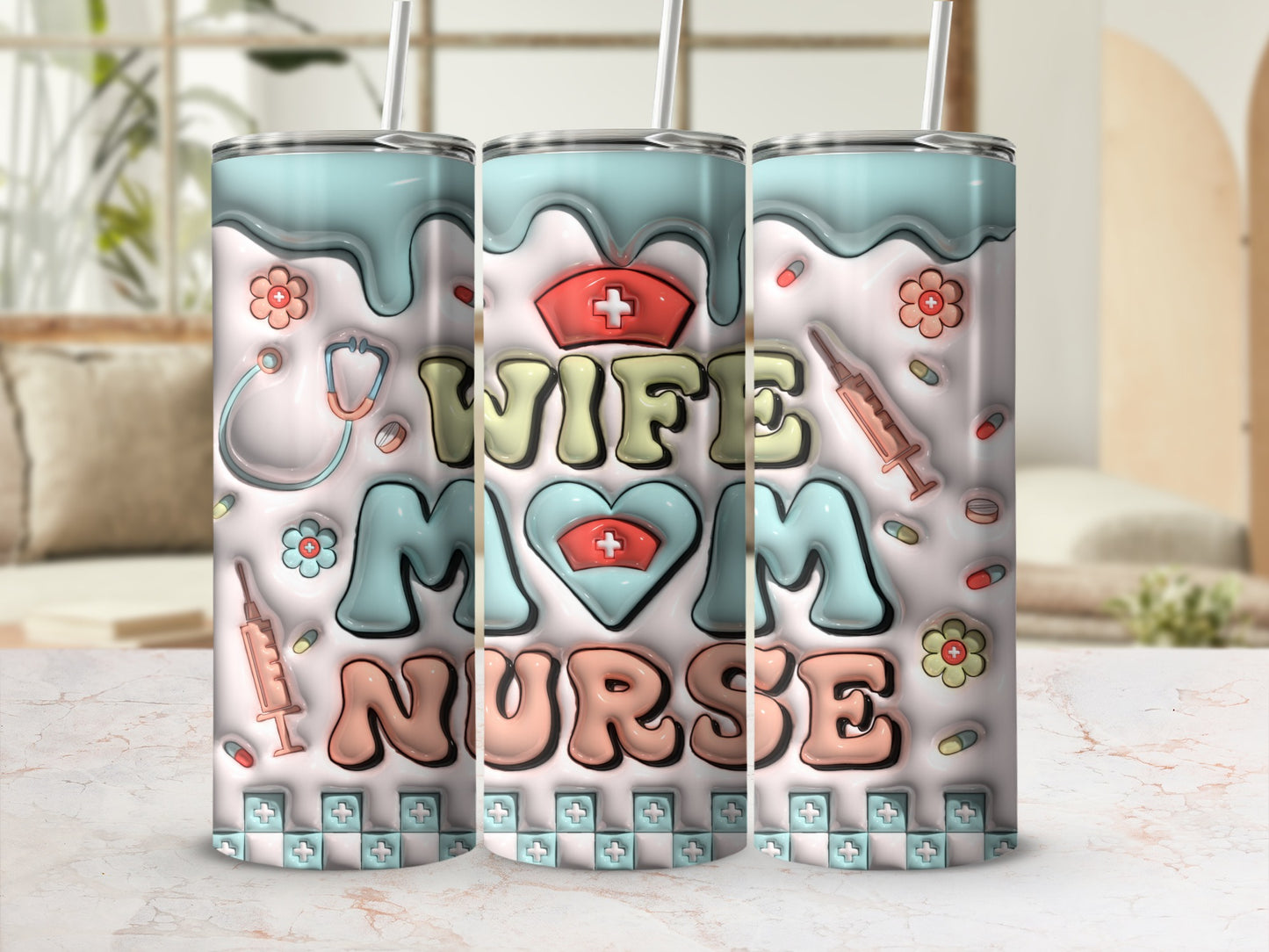 "WIFE MOM NURSE" tumbler with medical icons and pastel wavy design.
