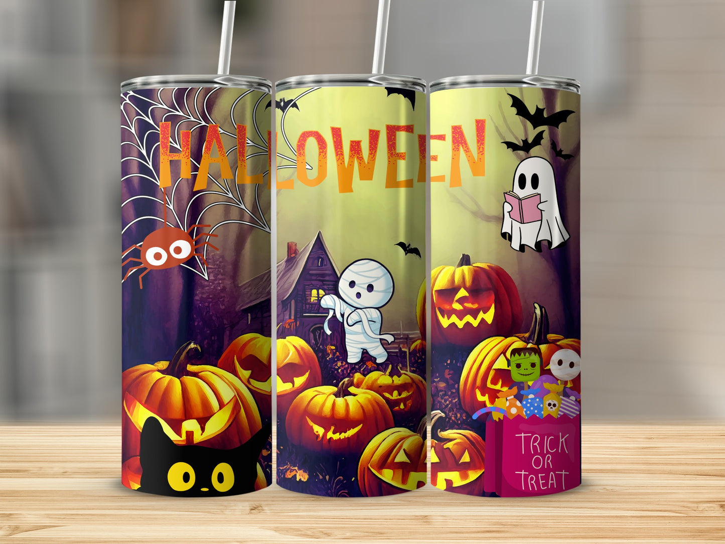 Halloween Themed Tumblers with Spooky Characters
