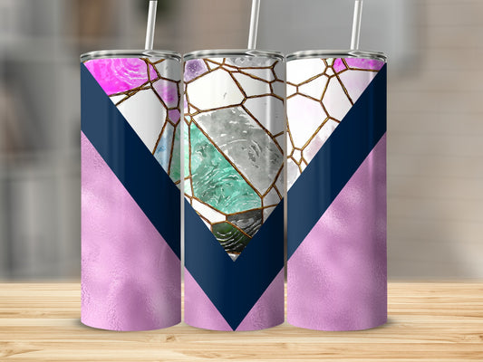 Three tumblers with pink geometric patterns and navy blue accents.