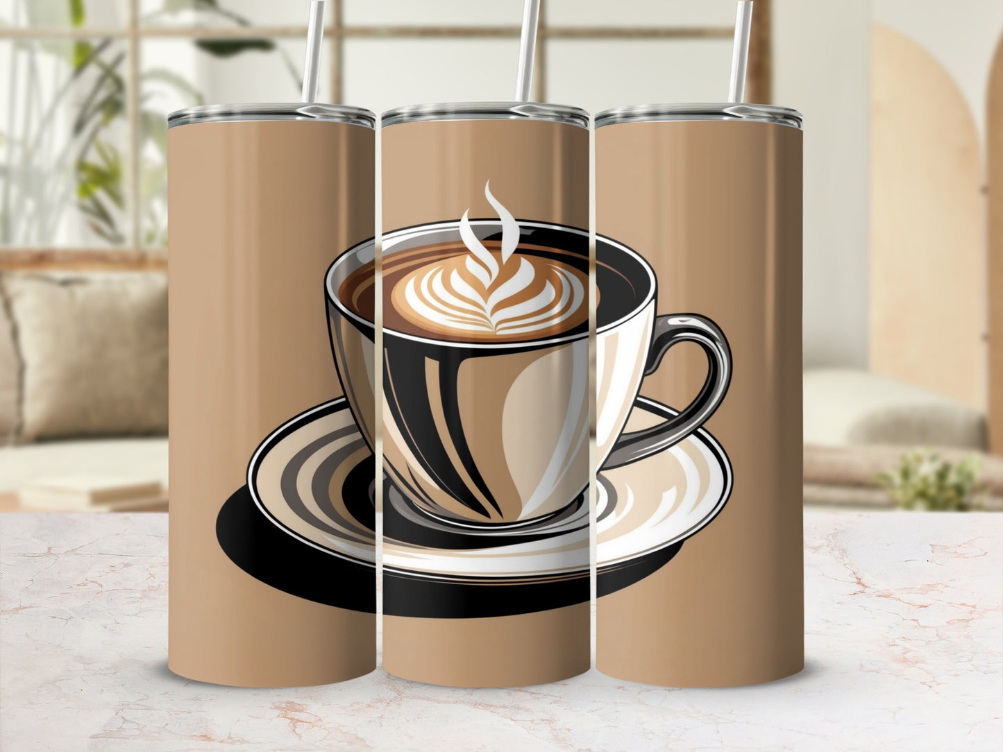 Coffee cup with latte art and steam, presented on three tumblers.