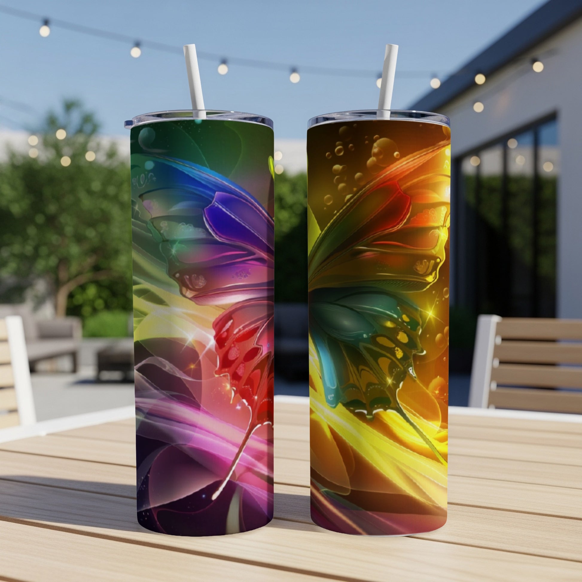 Two colorful butterfly pattern tumblers on a table.