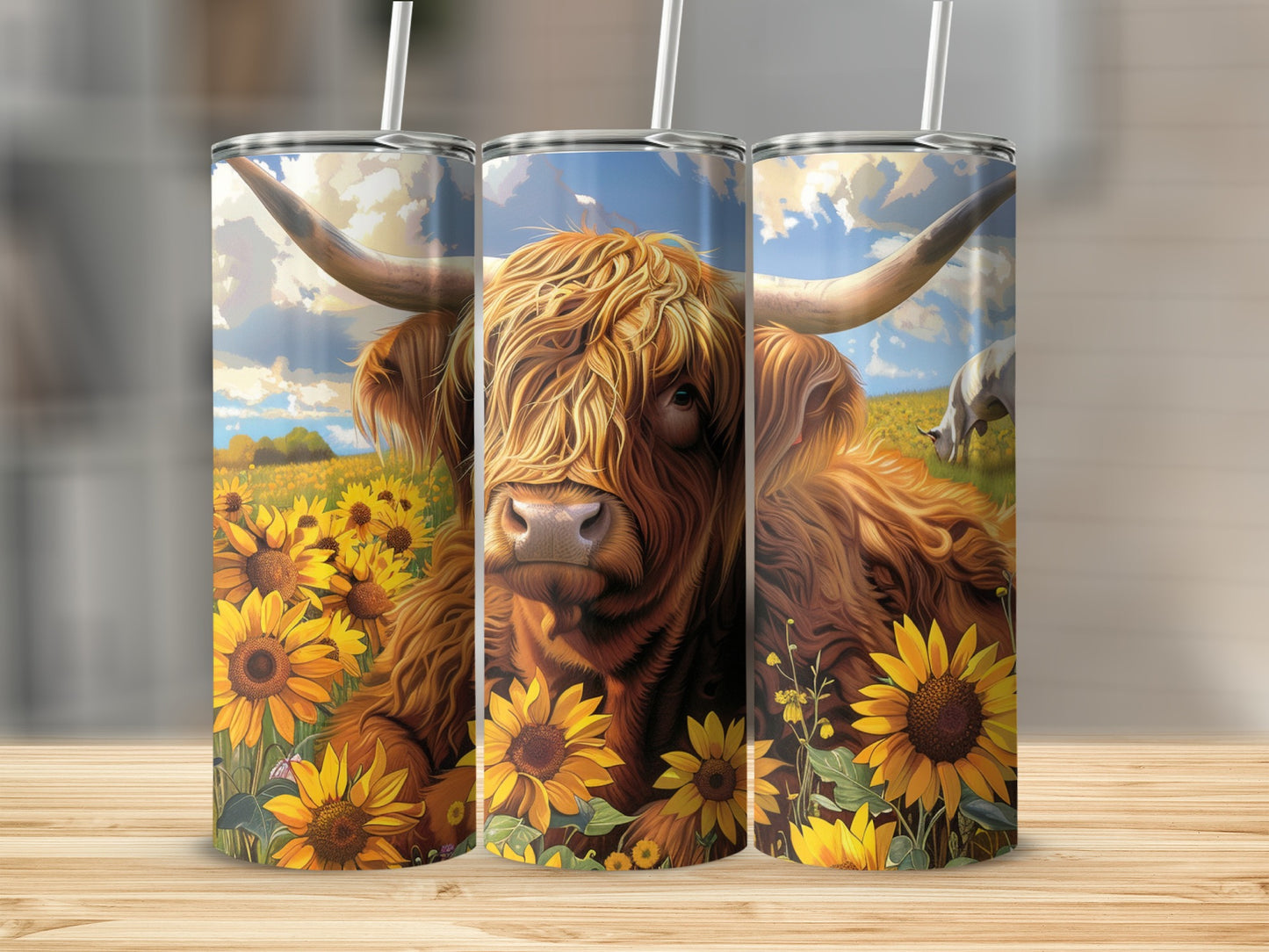 Highland cow with sunflowers on a tumbler.