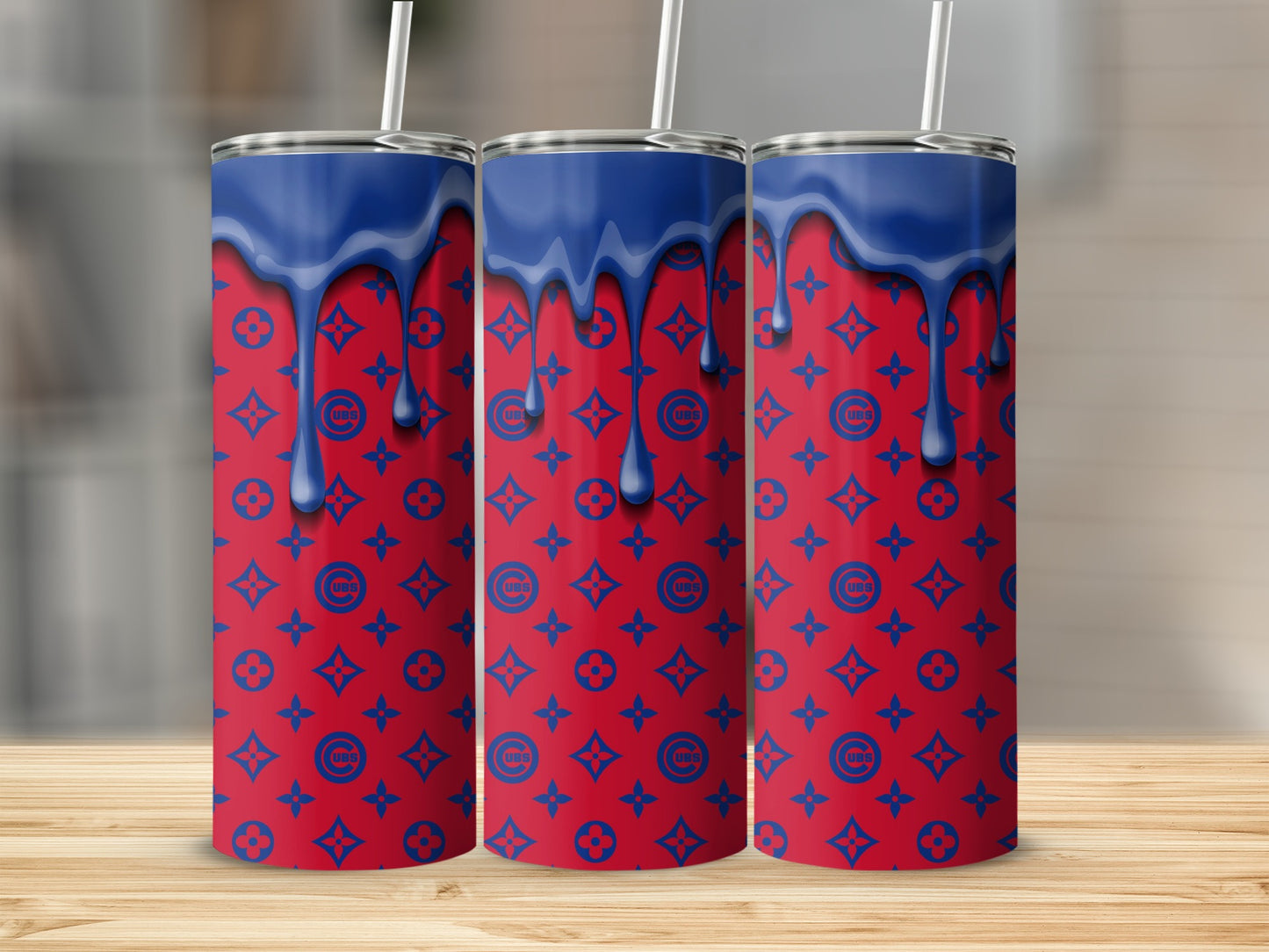 Blue Drip UBS Logo Pattern against Red Color Tumblers