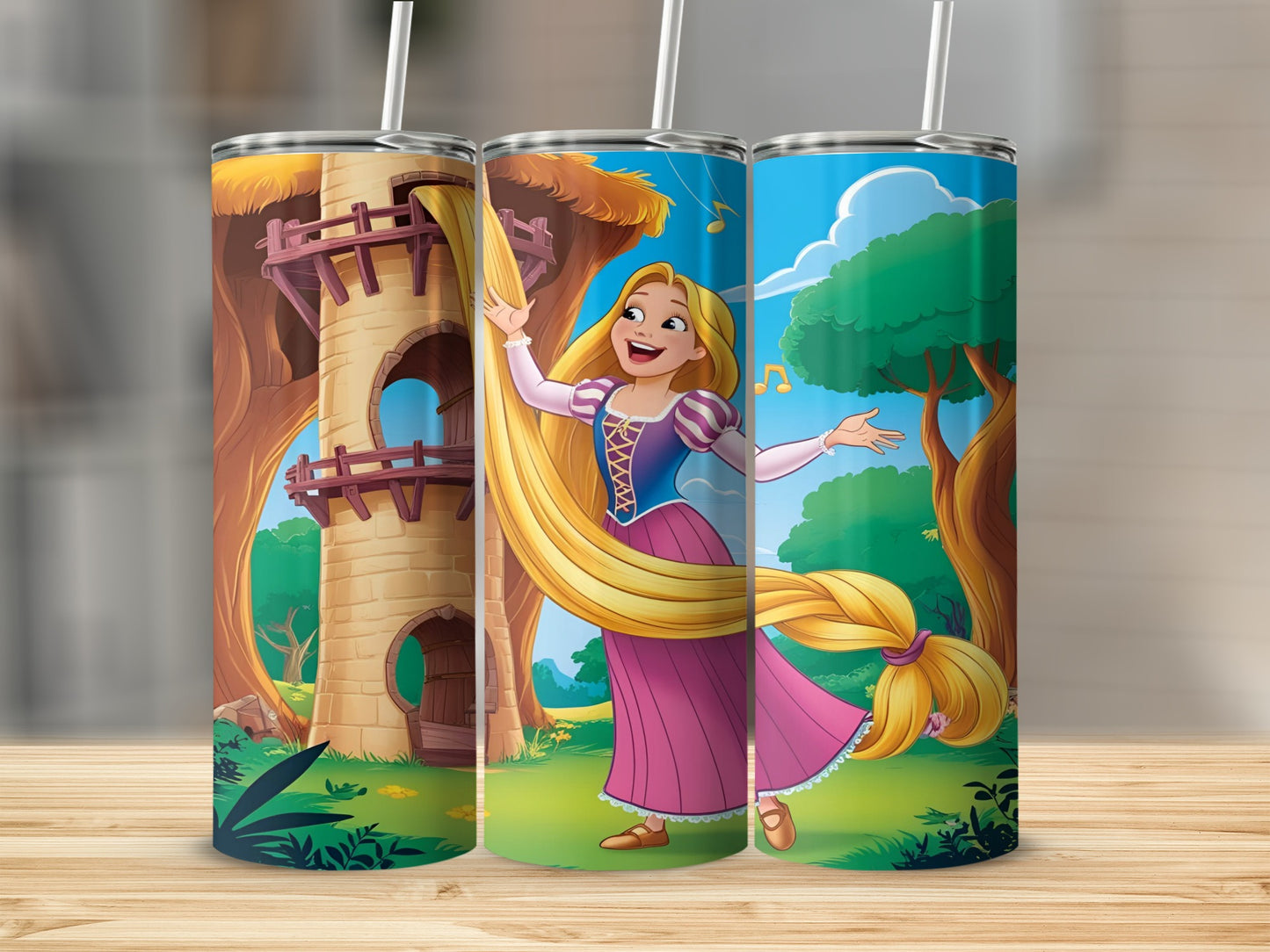 Rapunzel with long blonde hair singing outside a tower.