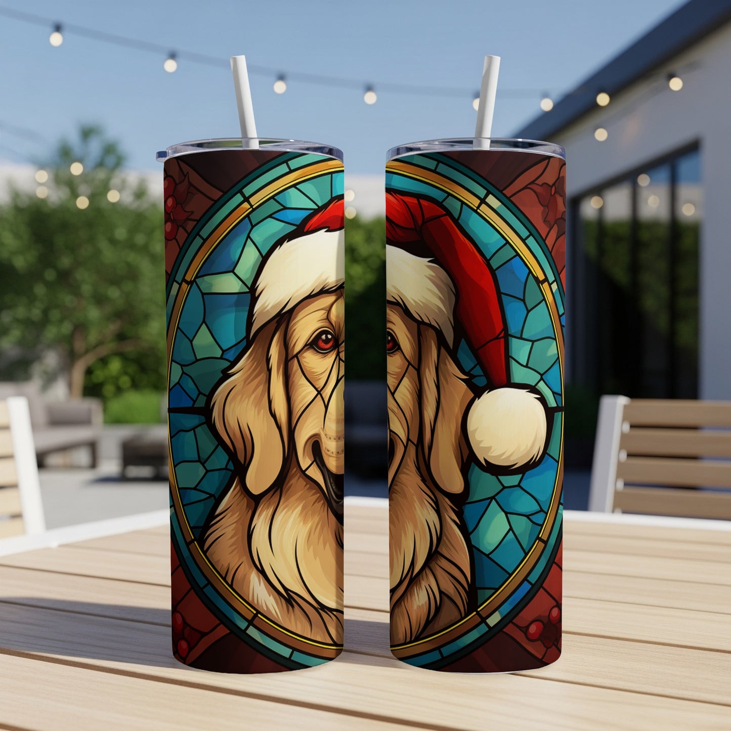 Golden retriever wearing Santa hat on stained glass tumbler.