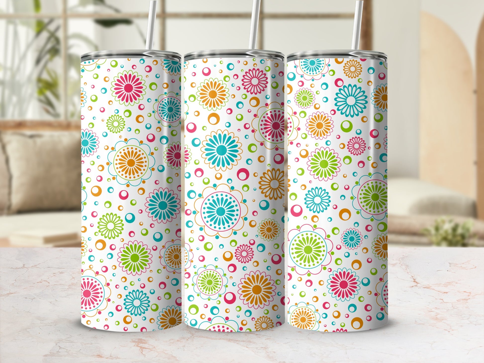 Colorful Flower Patterned Insulated Tumbler Set