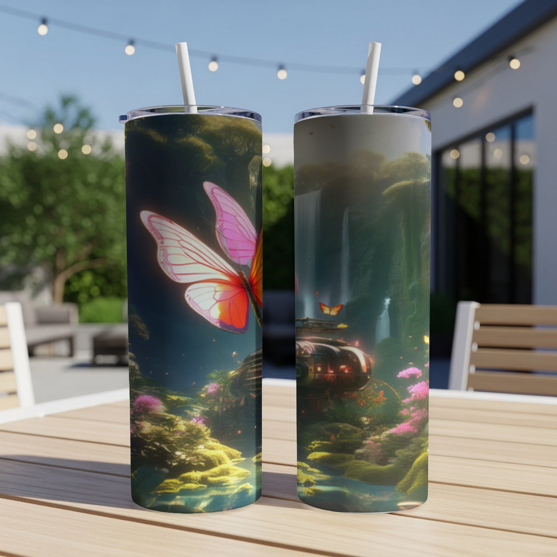 Tumbler with butterfly and glowing underwater scene.