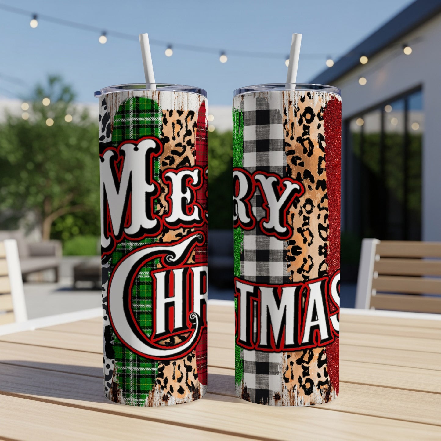 Two tumblers with "Merry Christmas" text and festive plaid and leopard patterns.