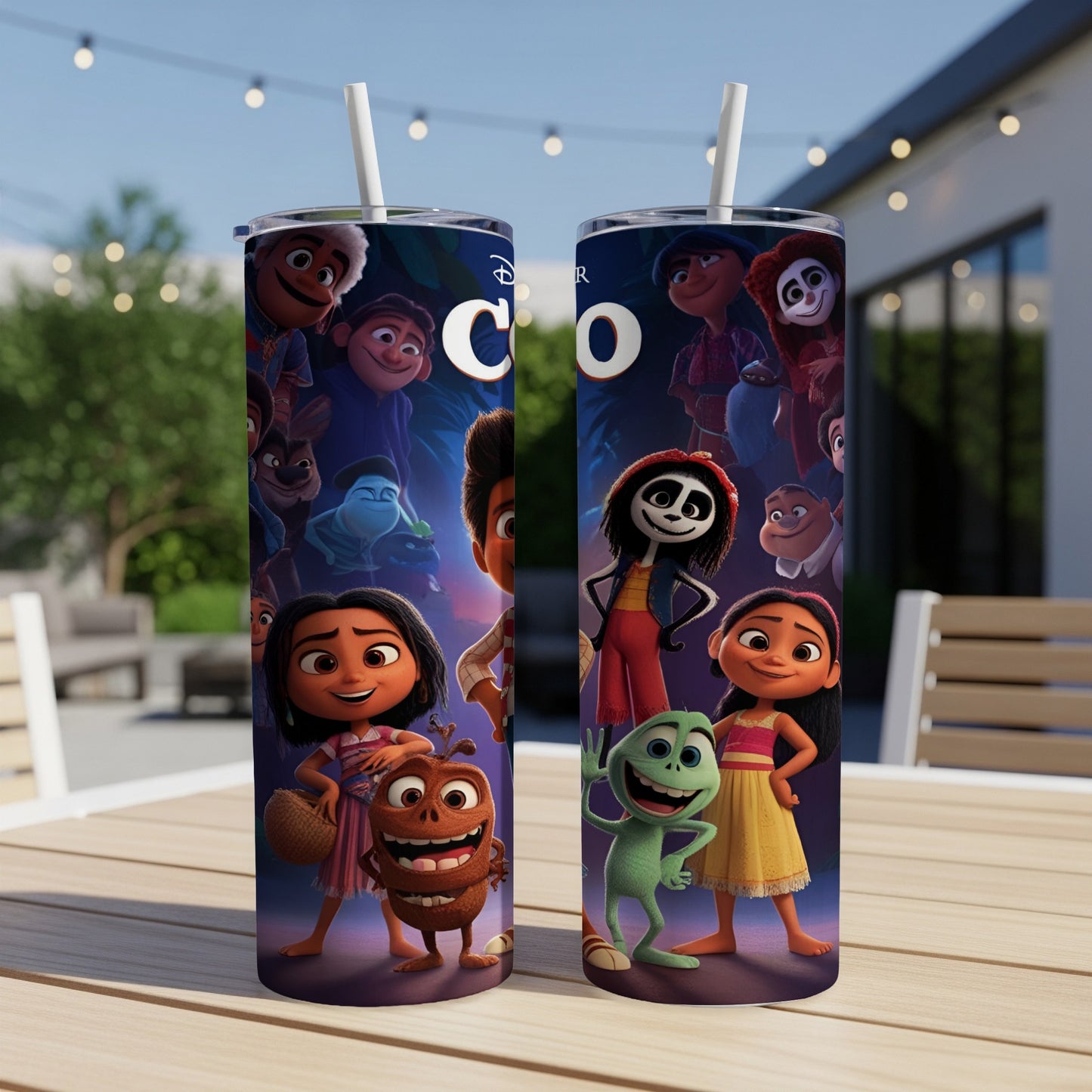 Two tumblers with characters from the movie Coco on a table.