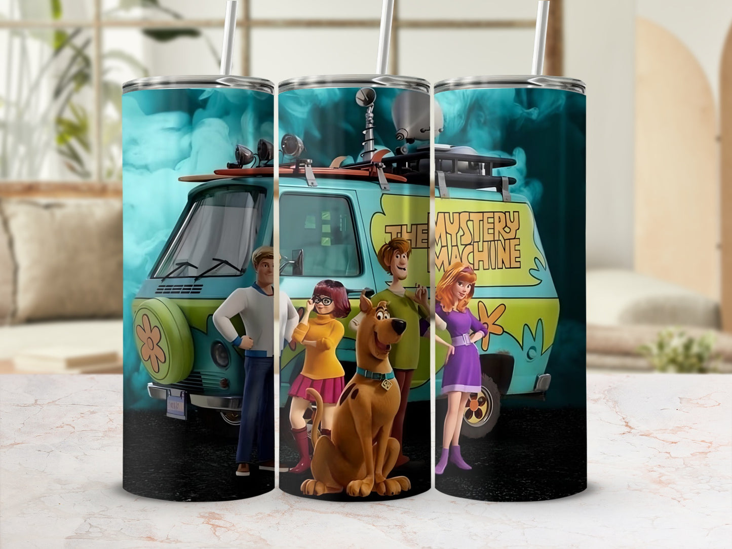 Scooby-Doo characters and the Mystery Machine van on teal tumblers.