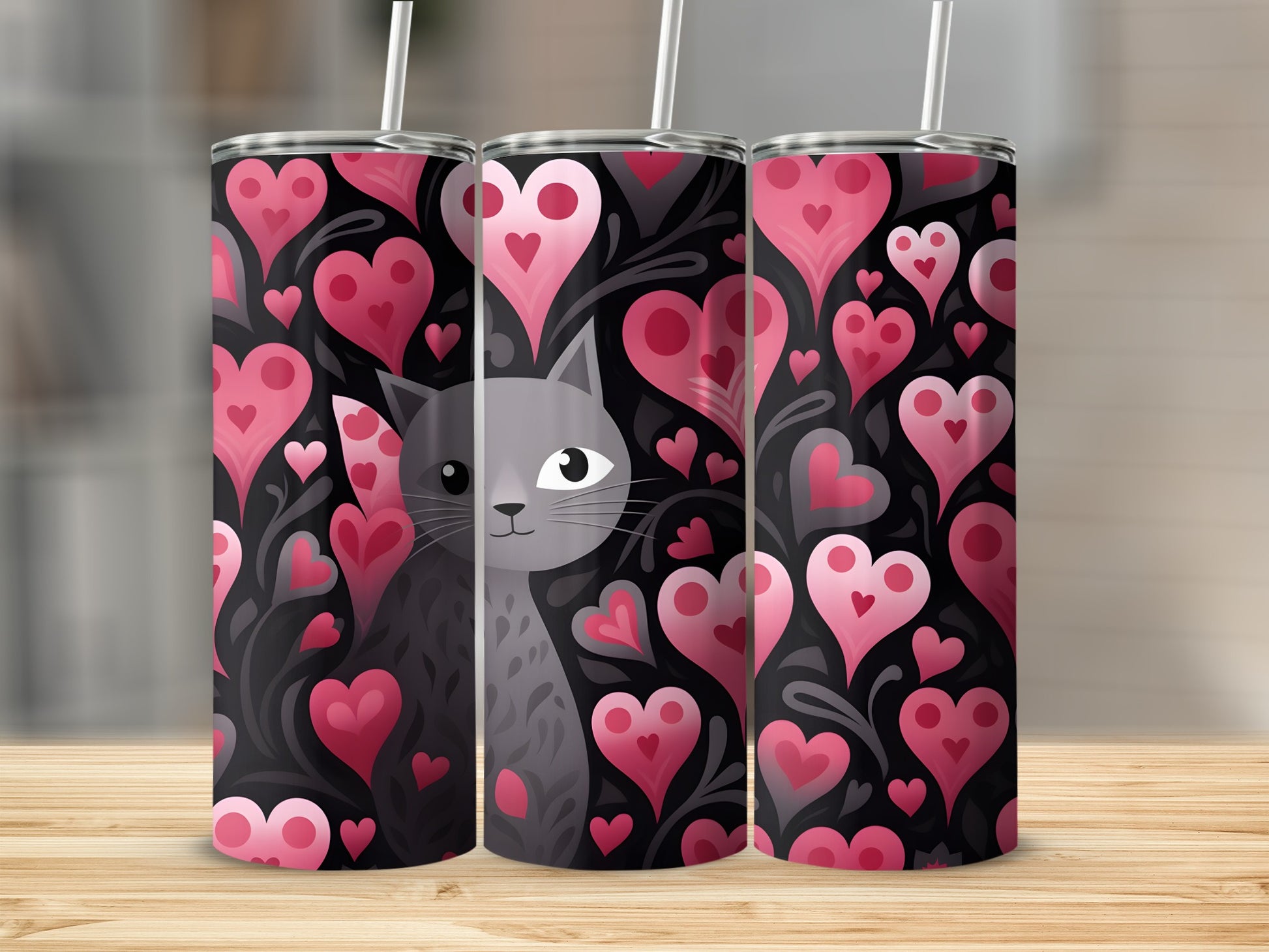 Three tumblers with a grey cat and pink heart pattern.