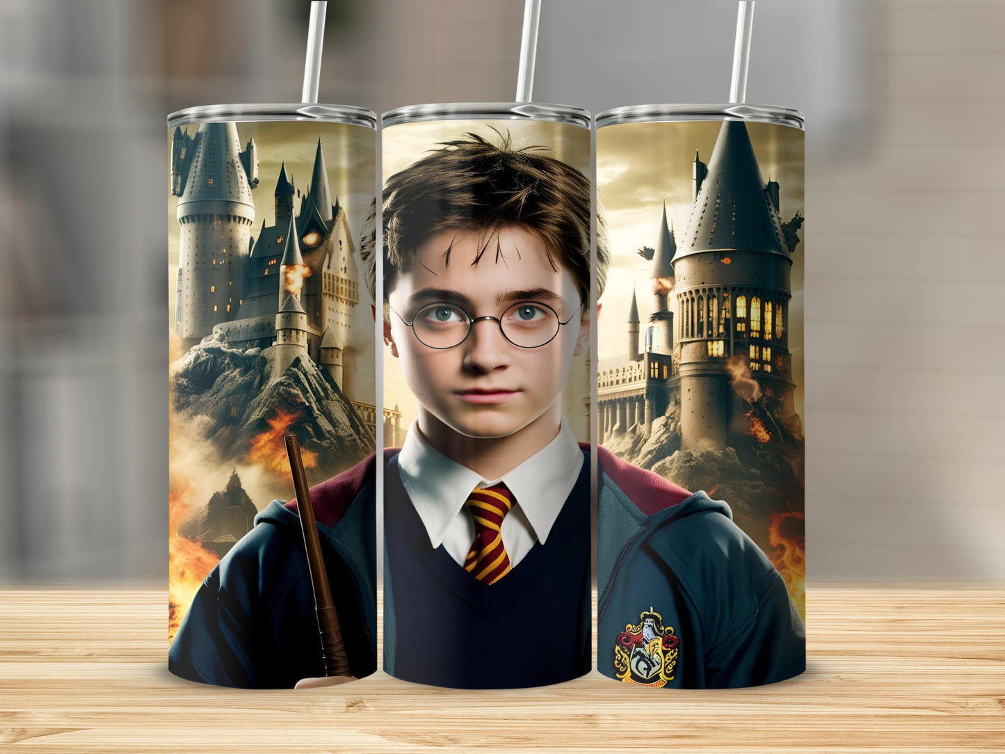 Harry Potter character on a tumbler with Hogwarts Castle in background.