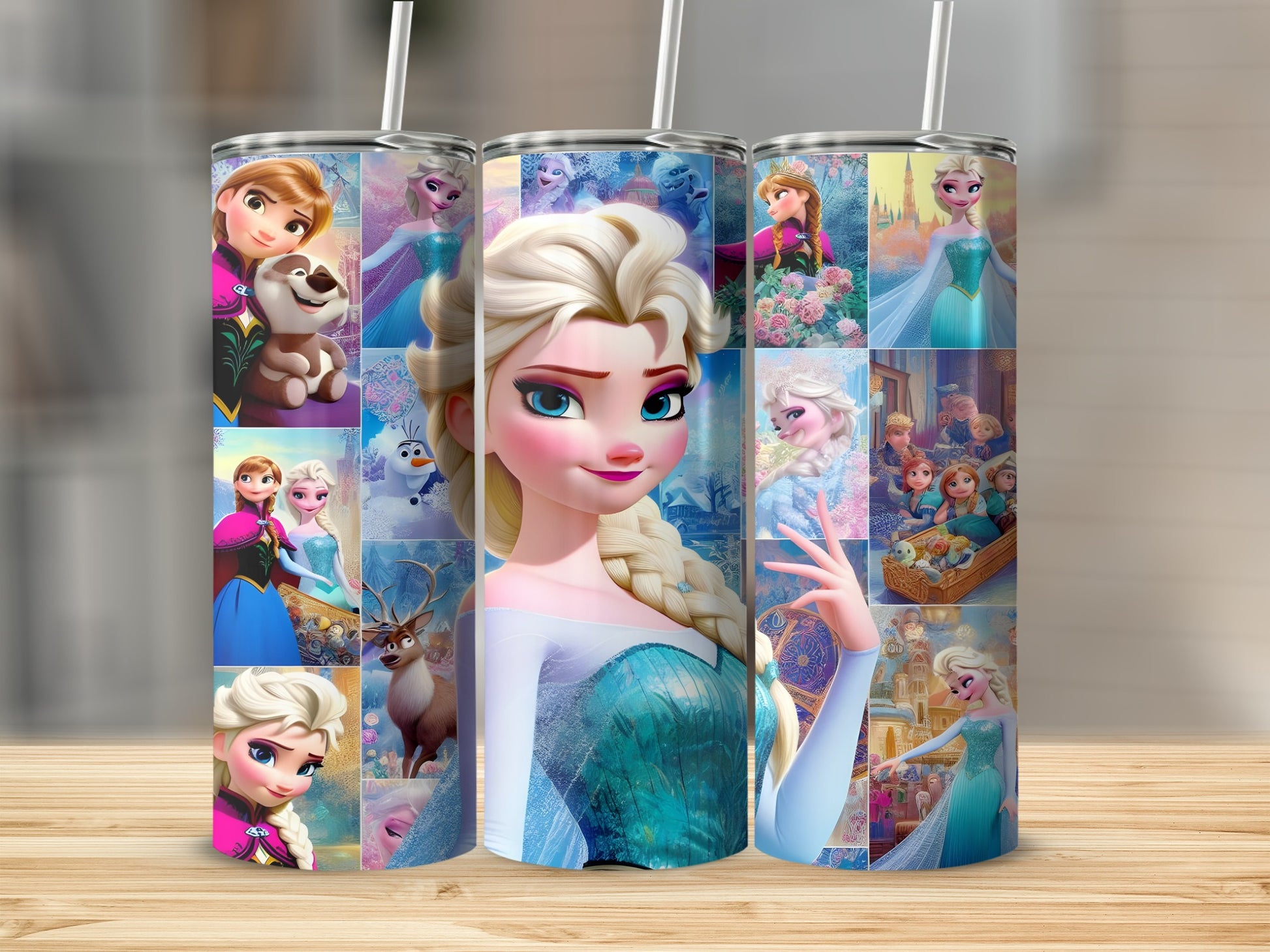 Collage of Elsa from Frozen with various movie scenes and characters.