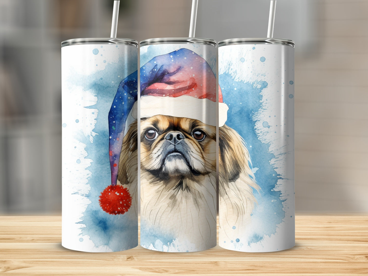 Watercolor Pekingese dog wearing a Santa hat and blue background.