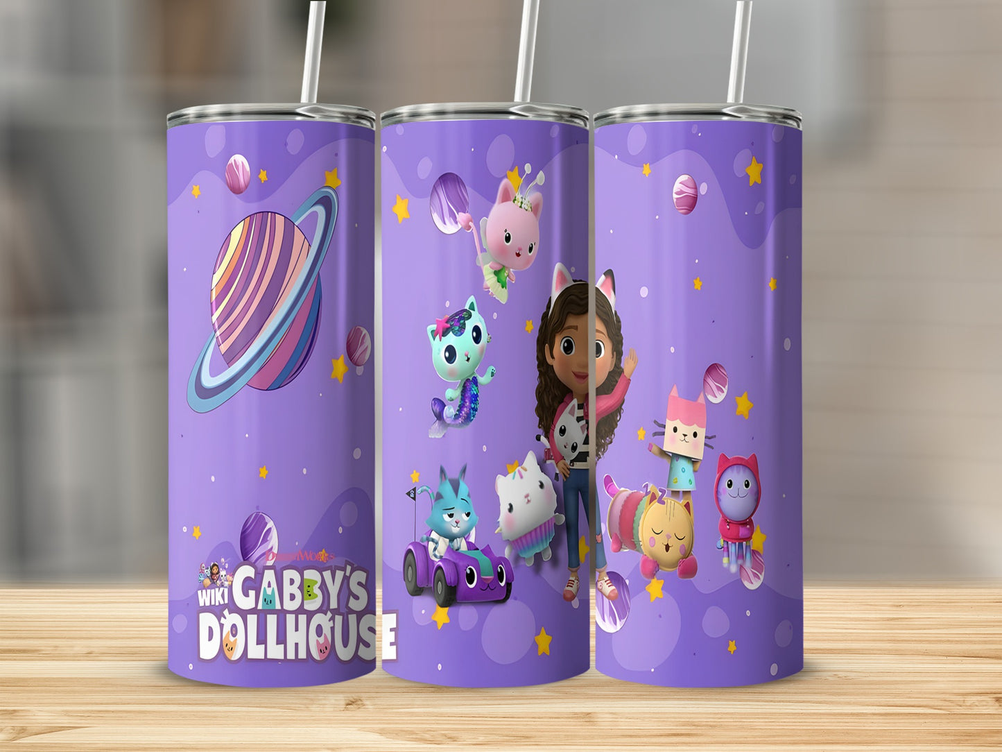 Gabby's Dollhouse tumbler with Gabby, Pandy, and cat characters.