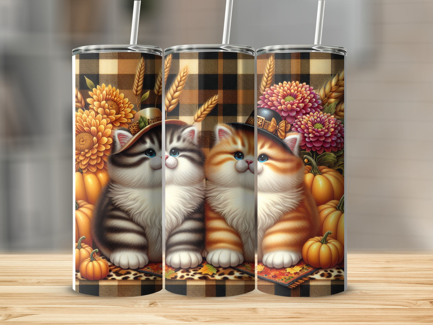 Two cute kittens with pumpkins and autumn flowers on a plaid background.