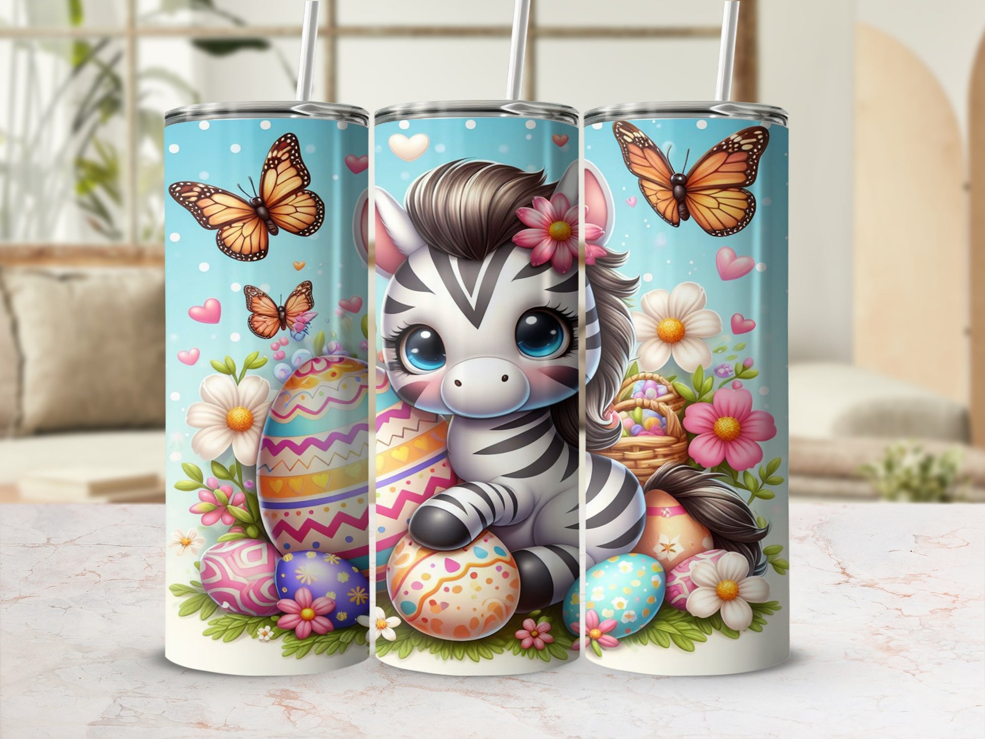 Cute zebra with Easter eggs and butterflies, pastel background.