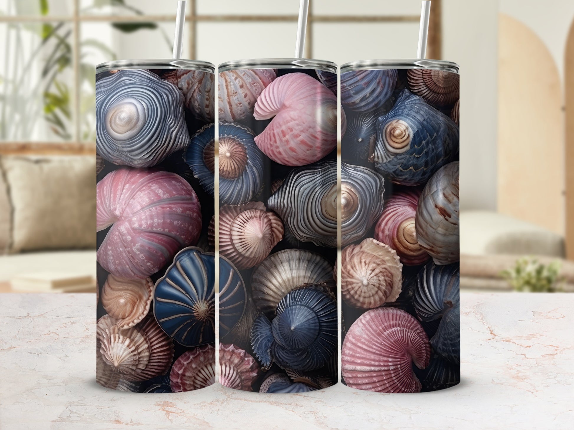 Close-up of layered seashells in blues, pinks, and purples.