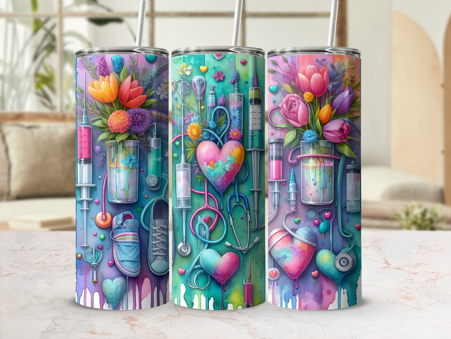 Floral Medical Design Cups with Straws for Health Care