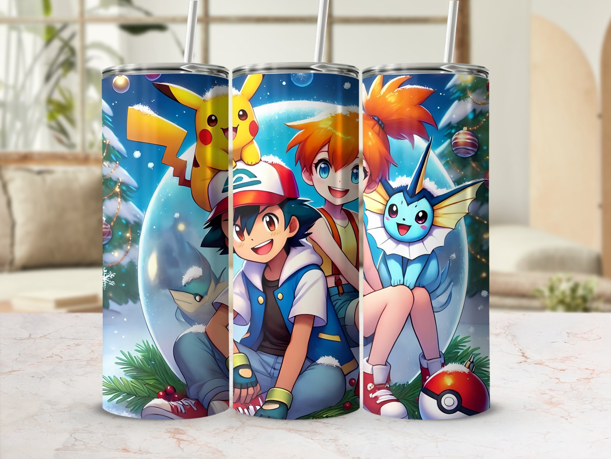 Ash Misty and Pikachu Holiday Christmas Scene tumbler