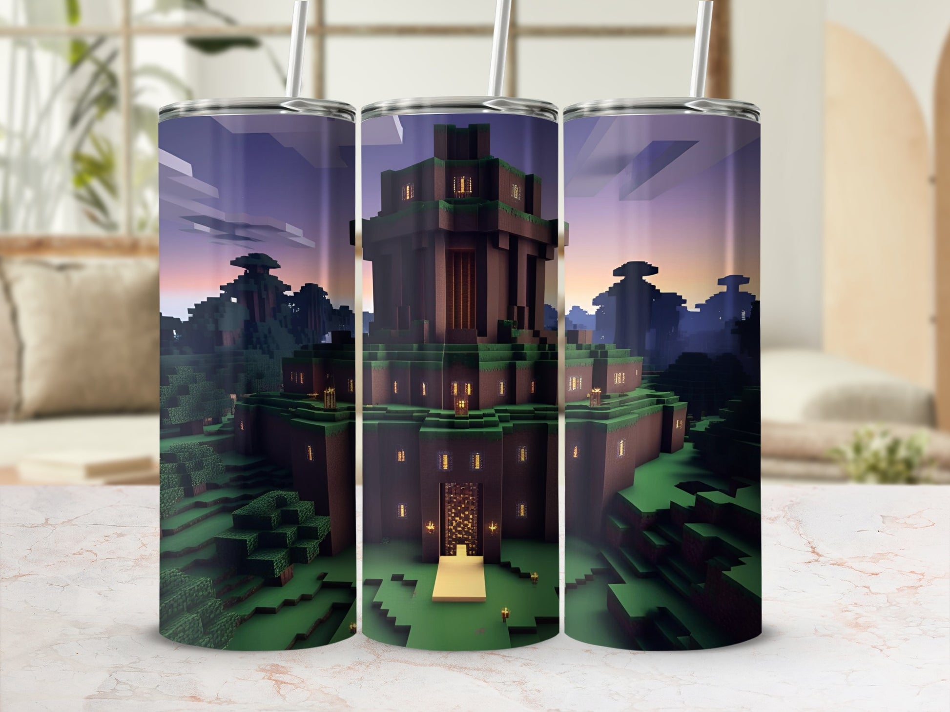 Minecraft-style castle with glowing windows in a forest at dusk.