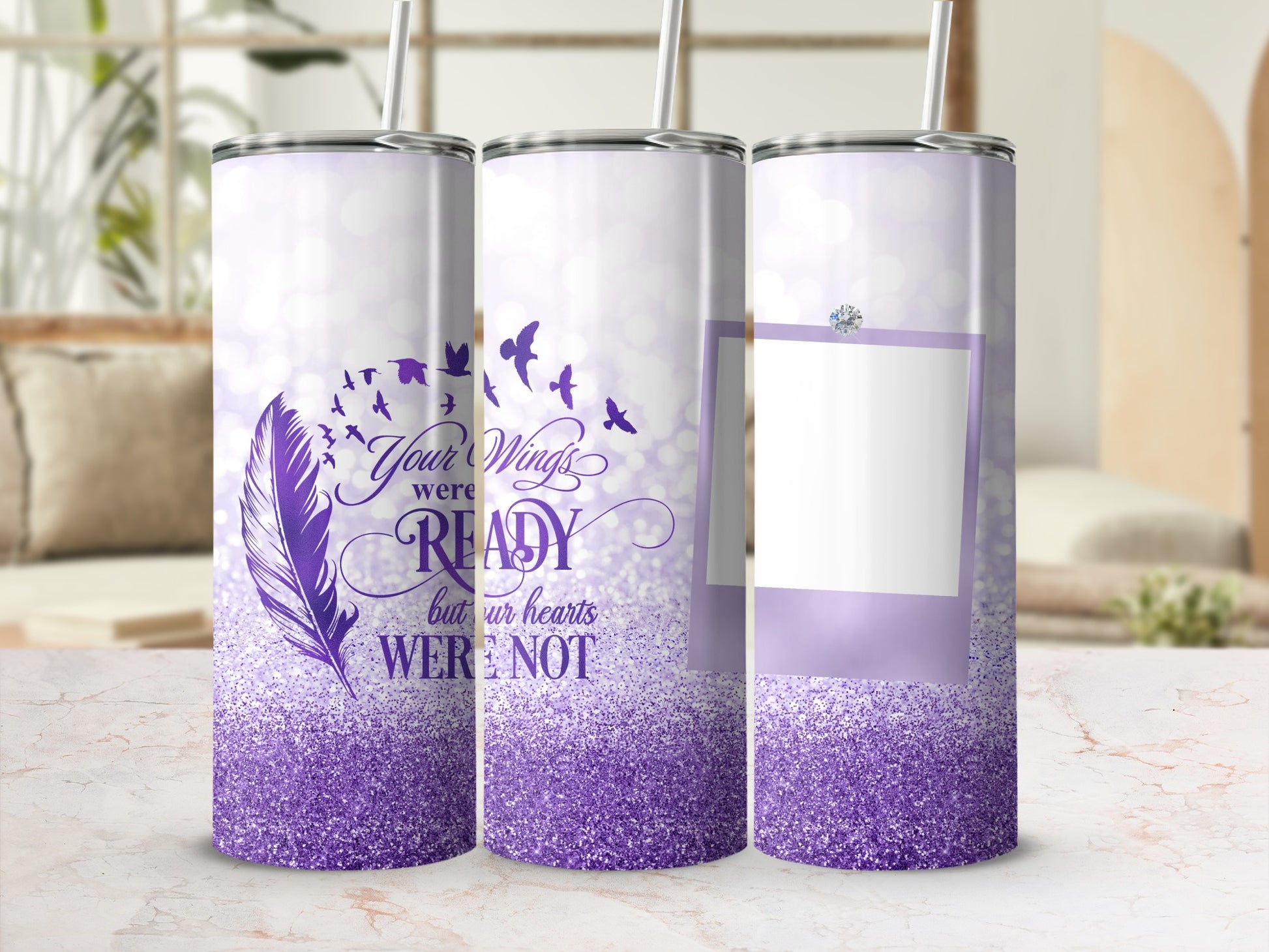Purple glitter tumbler with feather and "Your Wings Were Ready" text.