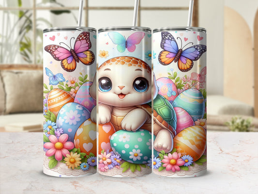 Cute cartoon turtle surrounded by Easter eggs and flowers.